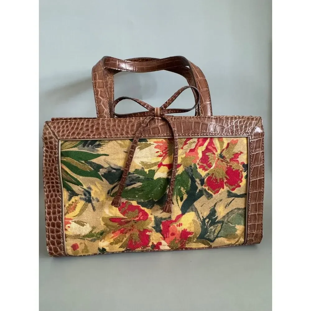 Vintage Liz Claiborne Floral Fabric Handbag Faux Leather Trim Botanical Print - Picture 1 of 15